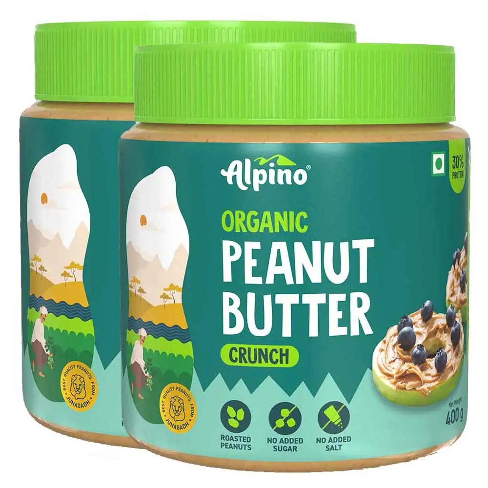 Alpino Organic Natural Peanut Butter (Unsweetened) Pack of 2,  0.400 kg  Crunch