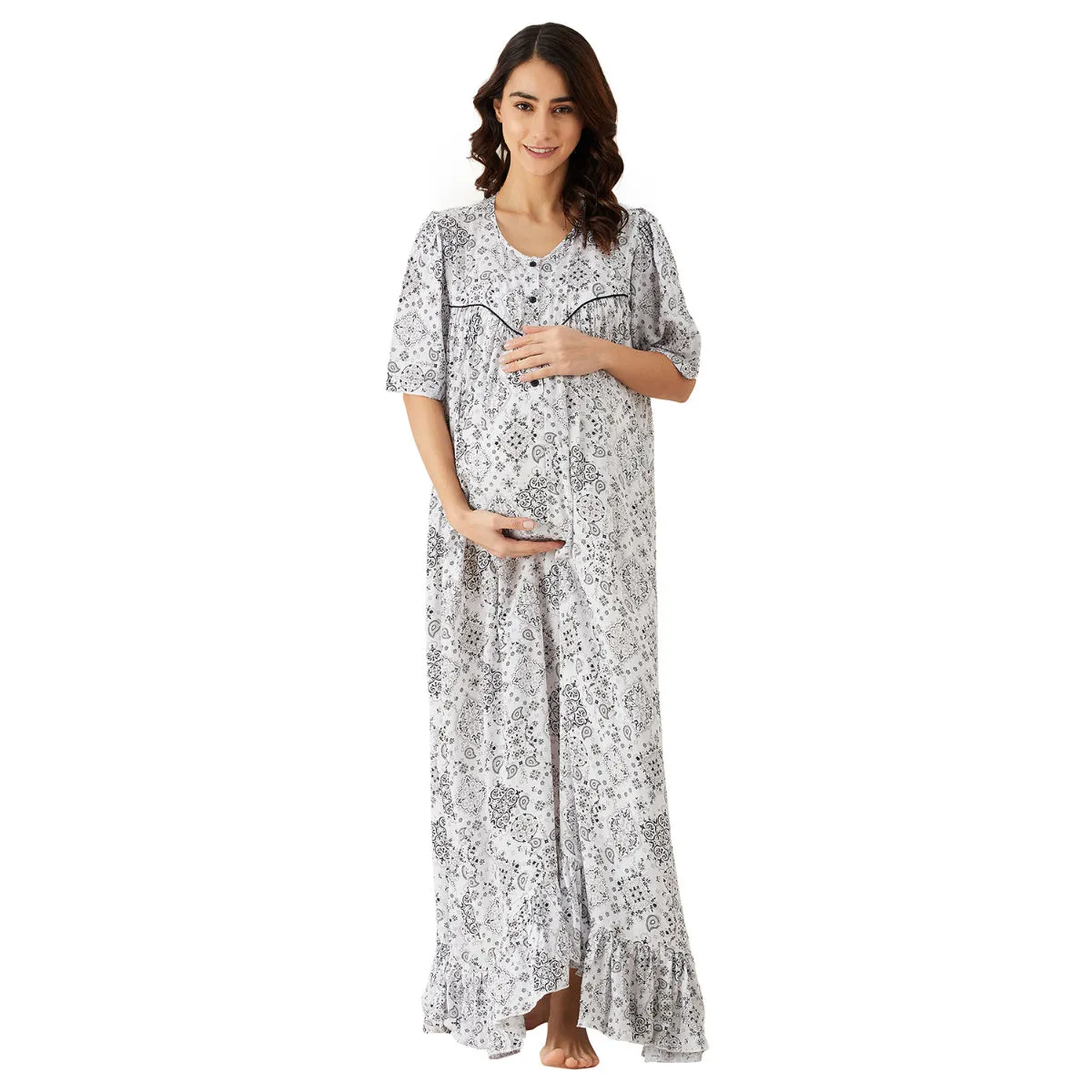 The Kaftan Company White Geometric Patterned Maternity and Feeding Nightdress