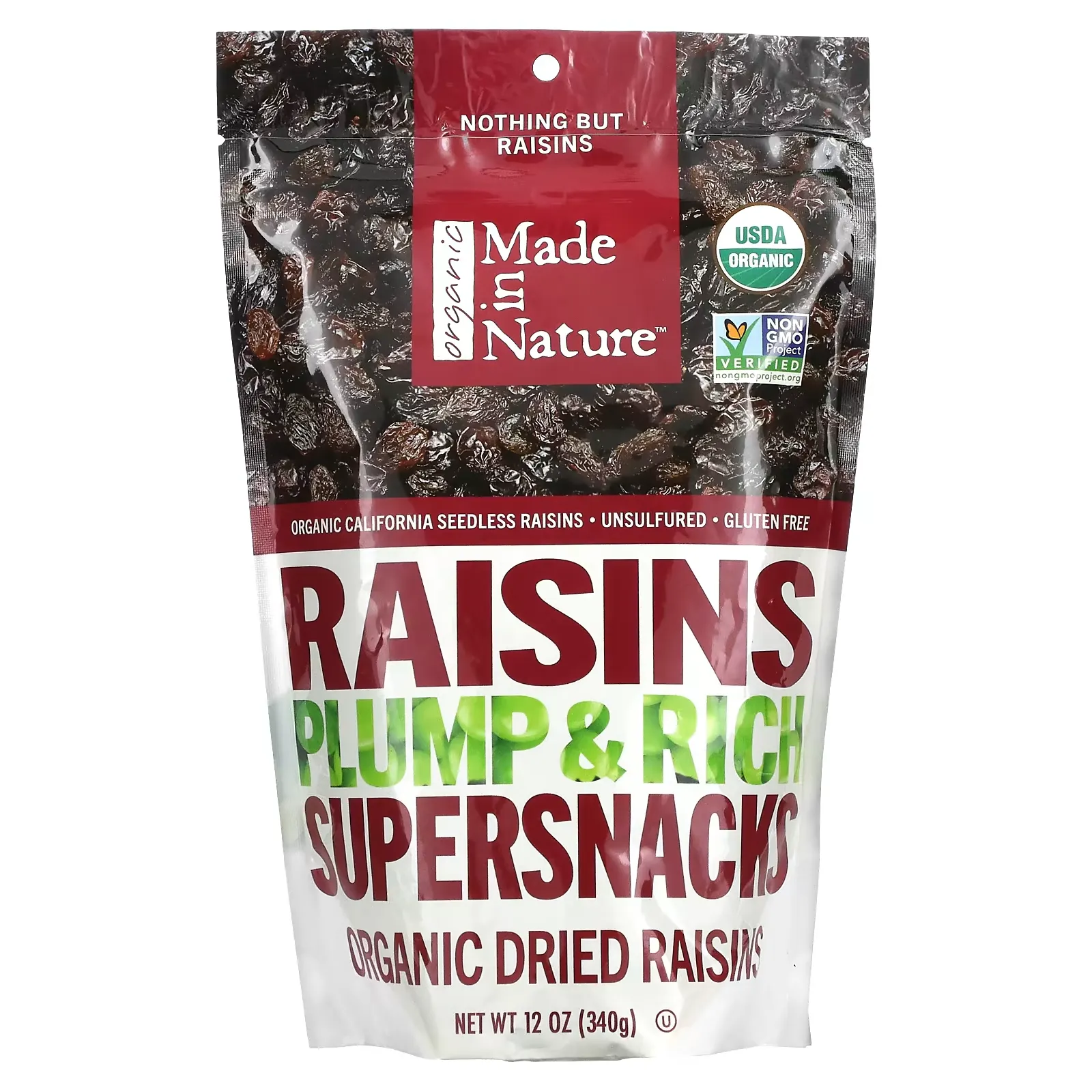 Organic Dried Raisins, Plump & Rich Supersnacks, 12 oz (340 g)