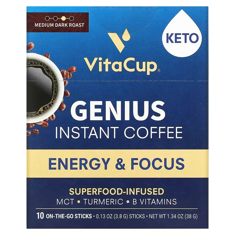 Genius Instant Coffee,  Medium Dark Roast, 10 On-The-Go Sticks, 0.13 oz (3.8 g) Each