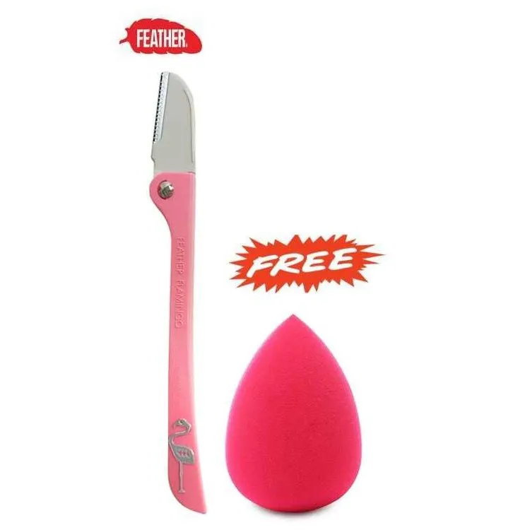 Feather Flamingo Eyebrow Shaping Razor With Safety Guard + Free Blender Sponge (Color May Vary)