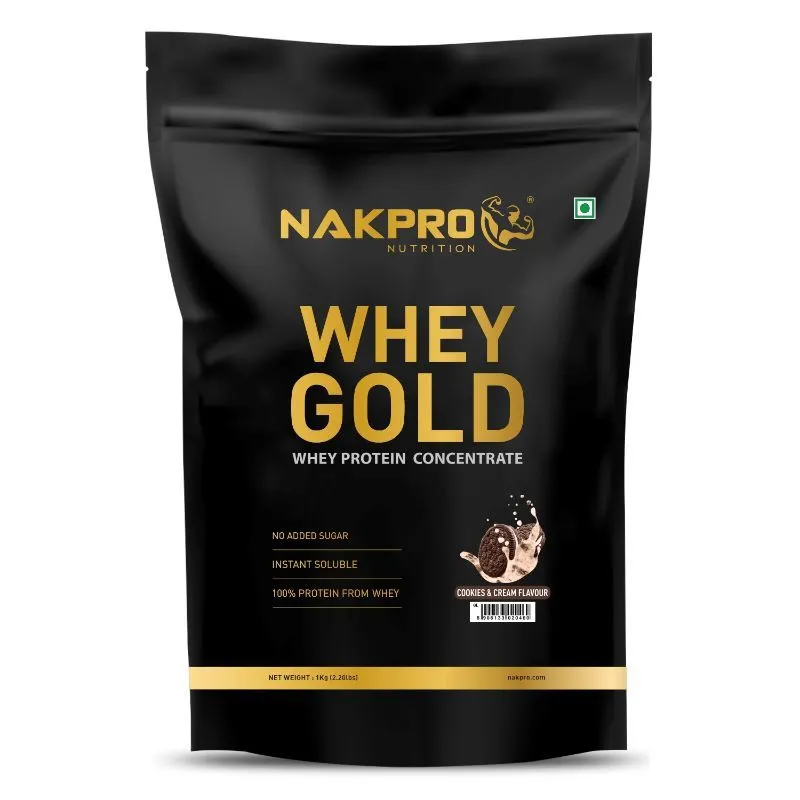 NAKPRO Gold 100% Whey Protein Concentrate Supplement Powder - Cookies & Cream Flavour