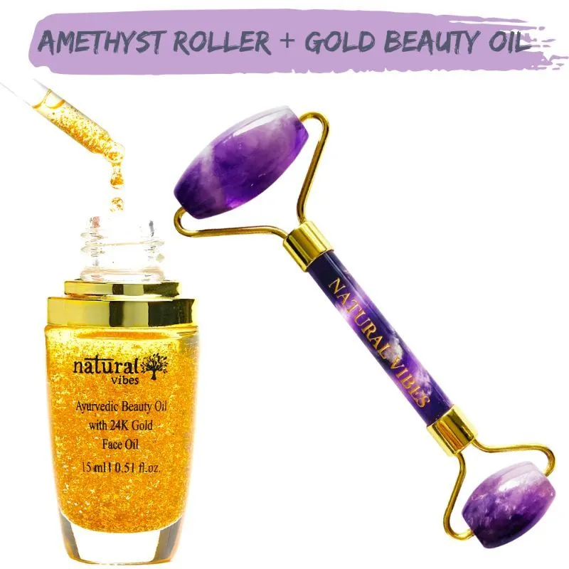 Natural Vibes Amethyst Face Roller + Gold Beauty Elixir Oil