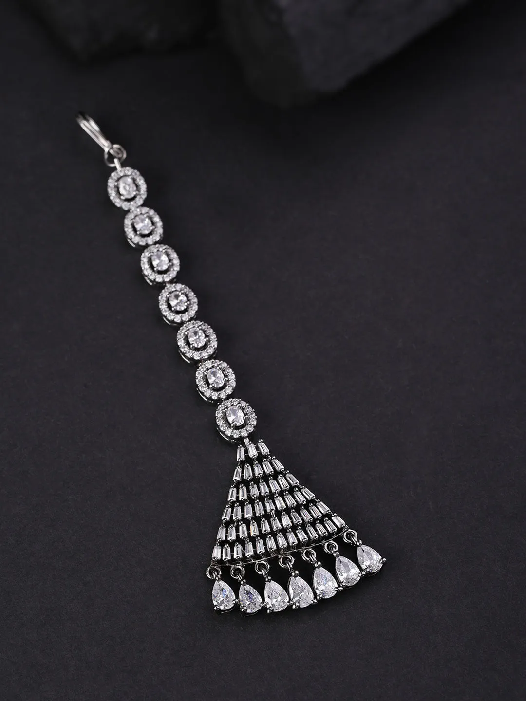 Priyaasi Oxidised Silver-Plated Ad-Studded Triangular Handcrafted Maang Tika