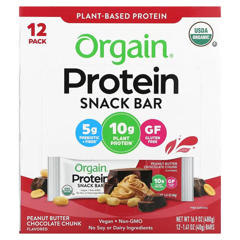 Organic Plant-Based Protein Bar, Peanut Butter Chocolate Chunk, 12 Bars, 1.41 oz (40 g) Each