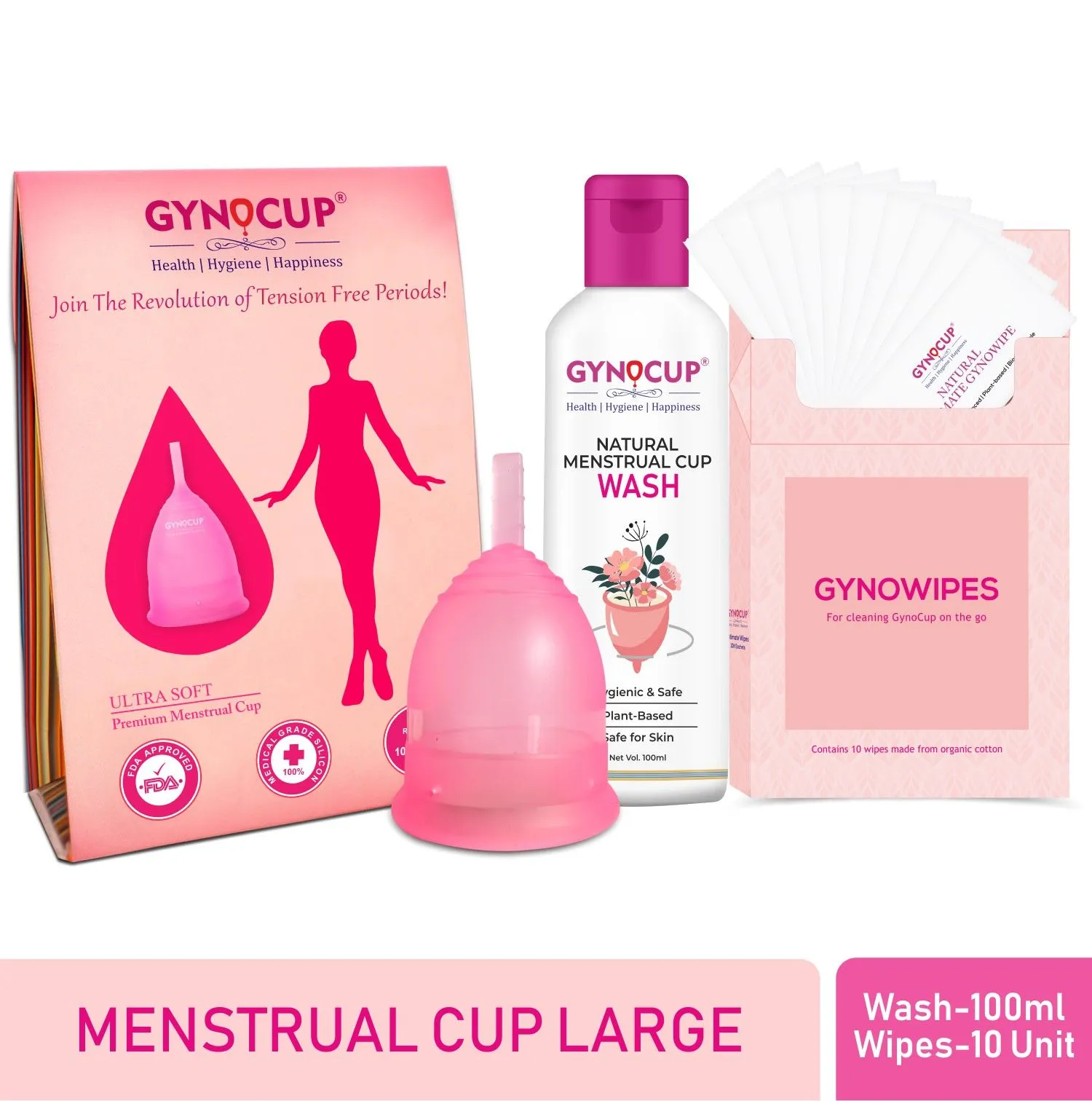 GynoCup Menstrual Cup, Menstrual CupWash and Intimate Wipes Combo (Large)