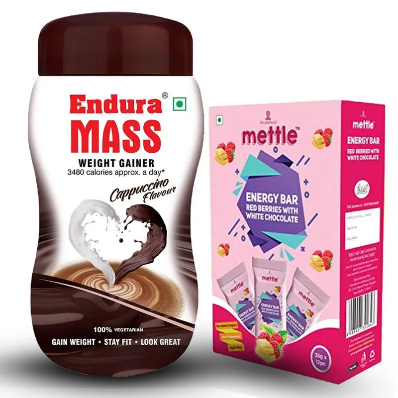 Endura Mass Weight Gainer Cappuccino With Mettle Red Berries Energy Bars Combo