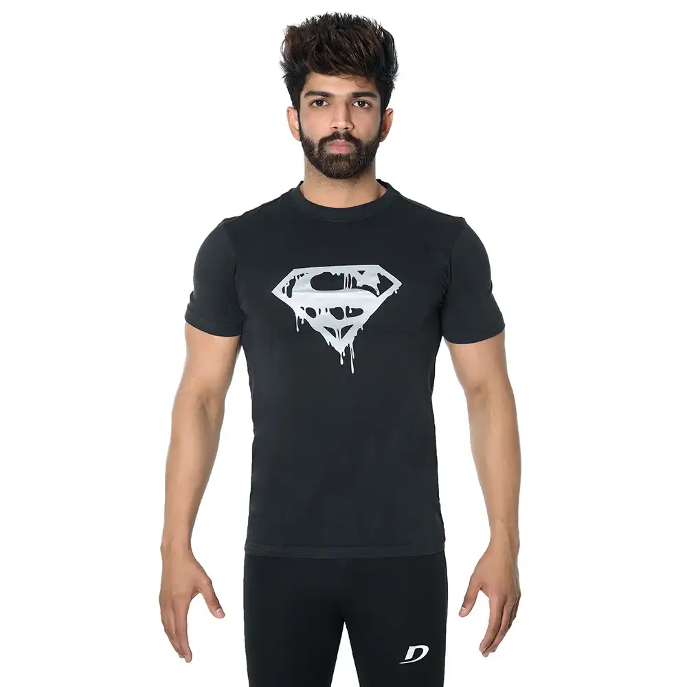 DK Active Wear Half Sleeve Gym T Shirt (Superman),  Black and Silver  XXL