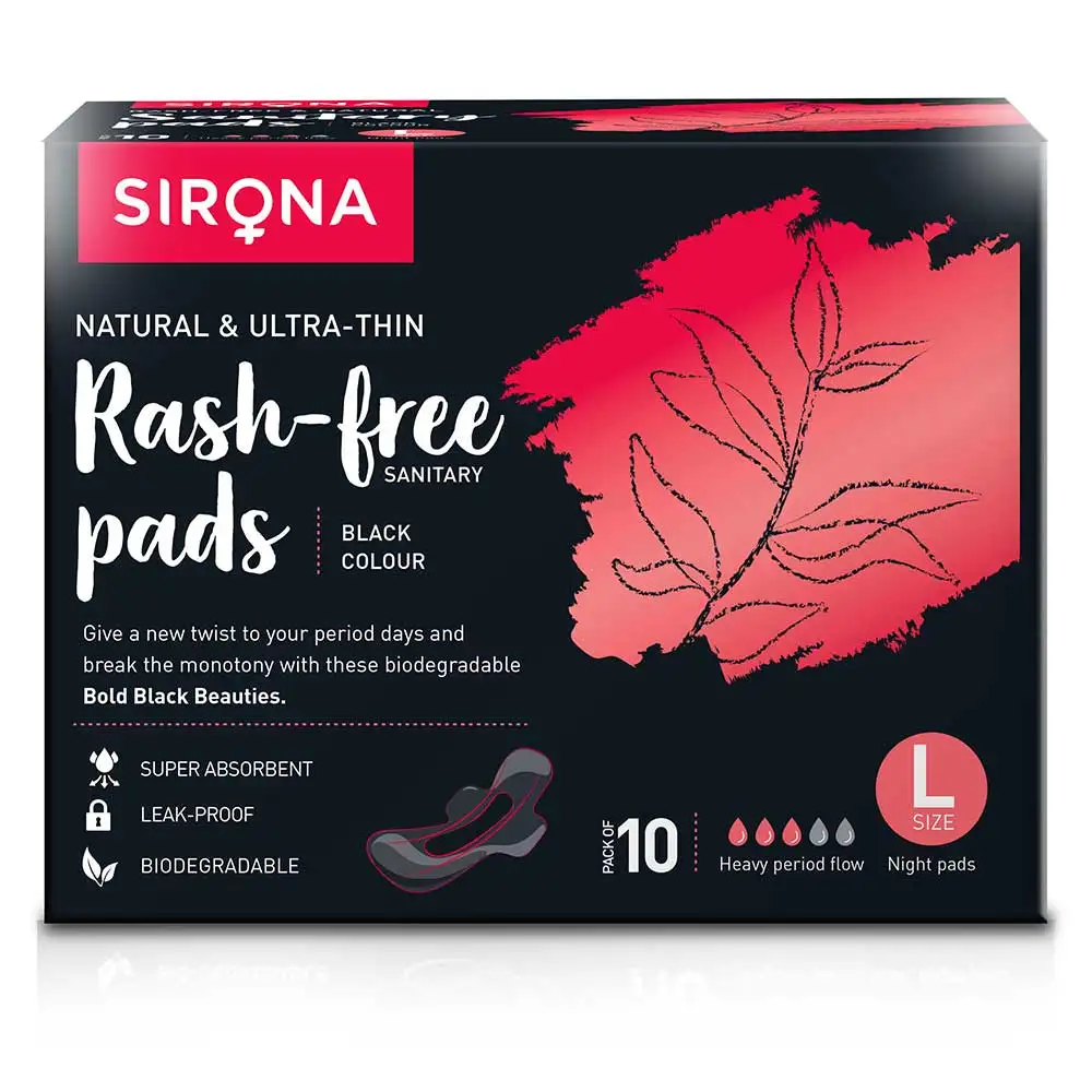 Sirona Natural & Ultra Thin Rash Free Pads,  10 Piece(s)/Pack  Heavy Period Flow (Large) Black