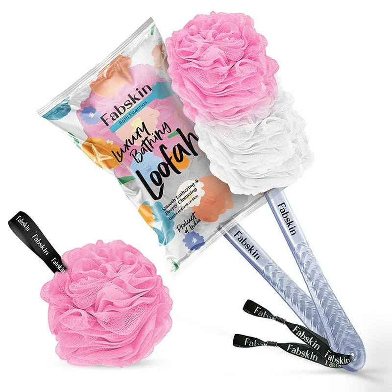 Fabskin Loofah Duo Pack- Bath Brush With Long Handle & Round Loofah- For Men & Women- Pink & White