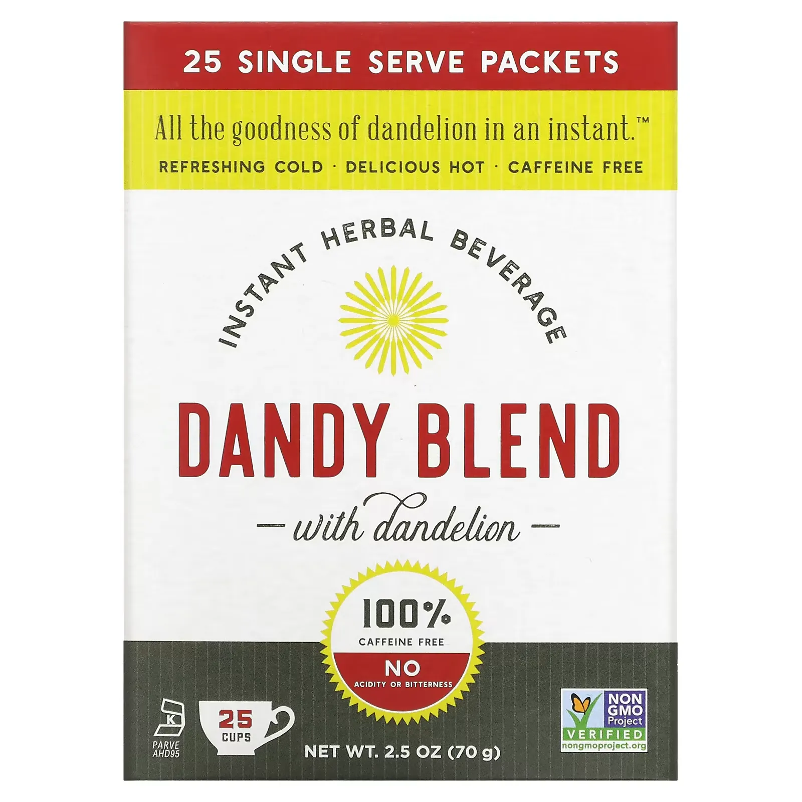 Instant Herbal Beverage with Dandelion, Caffeine Free, 25 Single Serve Packets, 2.8 g Each