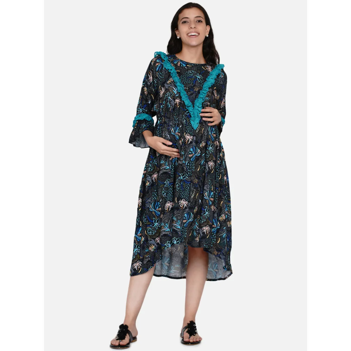 The Kaftan Company Navy Blue Floral Lacey Hi-Low Maternity And Nursing Dress Navy Blue (XL)