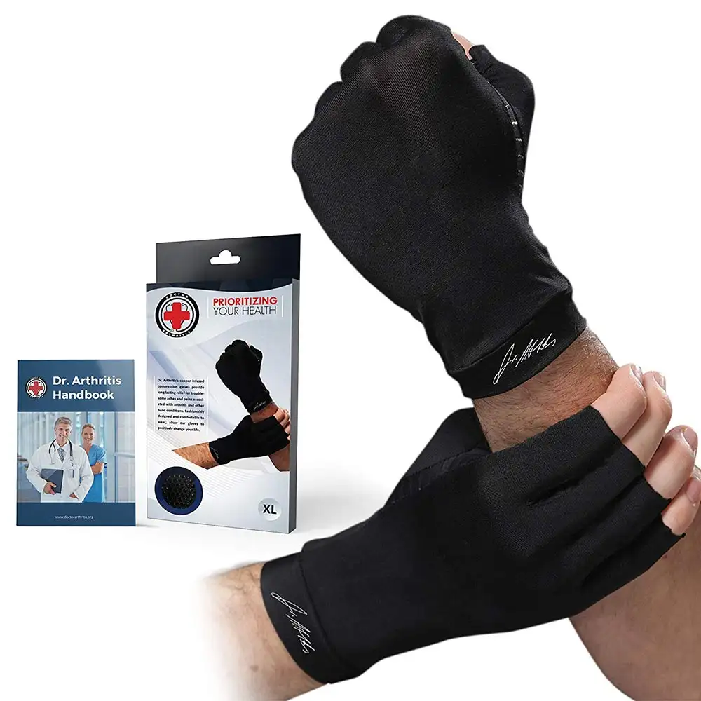 Dr. Arthritis Premium Copper Arthritis Gloves,  Black with Hand Book (Pair)  XL