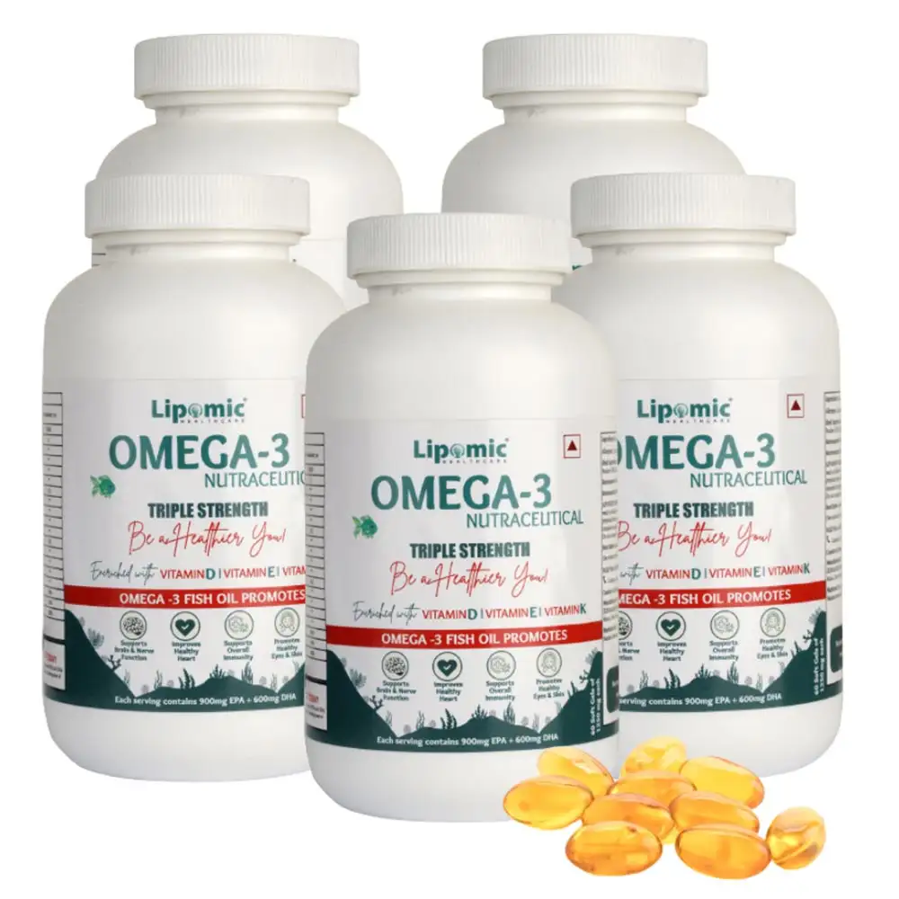 Lipomic Healthcare Omega-3 Fish Oil 1500mg Triple Strength (Pack of 5),  60 softgels