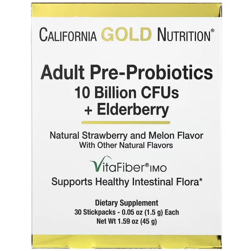 Adult Pre-Probiotics, 10 Billion CFU + Elderberry, Natural Strawberry & Melon Flavor, 30 Packets, 0.05 oz (1.5 g) Each