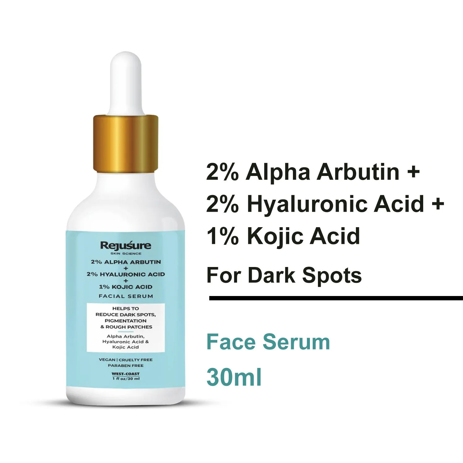 Rejusure Alpha Arbutin 2% + Hyaluronic Acid 2% + Kojic Acid 1% Face Serum