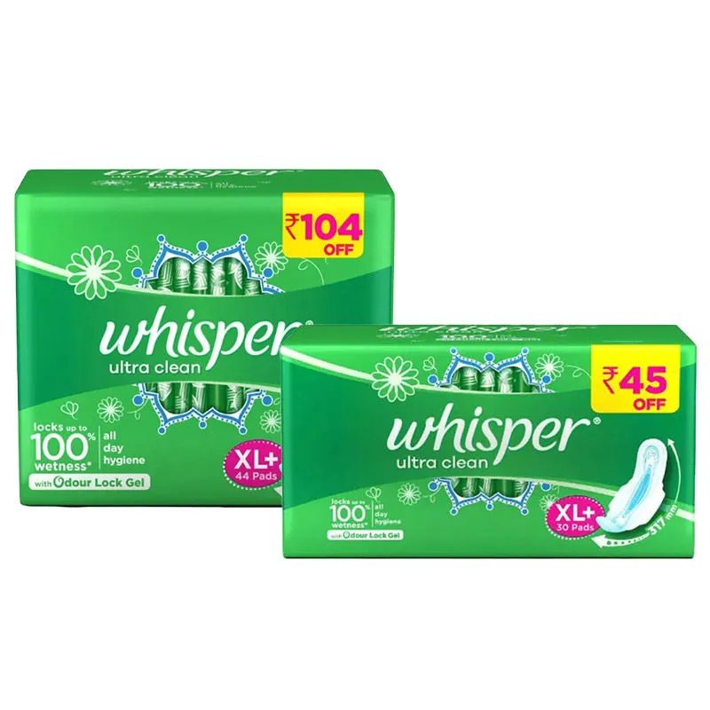 Whisper Ultra Clean Sanitary Pads - XL+ (30 Pc Pack) with 44 Pc Pack Combo