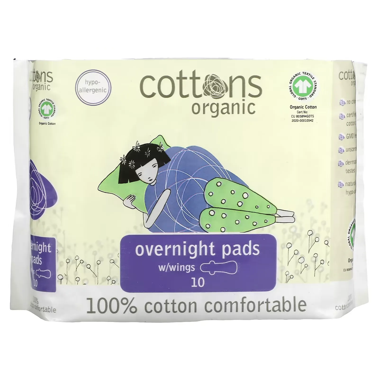 Organic, Overnight Pads with Wings, Heavy, Unscented, 10 Pads