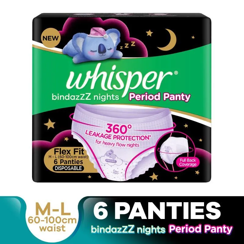 Whisper Bindazzz Night Period Panty for Heavy flow- 360 degree leakage protection, 6 M-L Panties