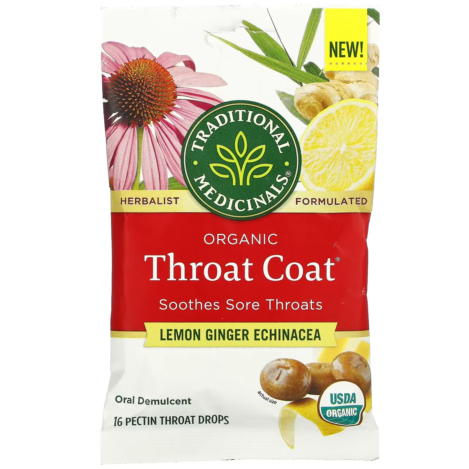 Organic Throat Coat Drops, Lemon Ginger Echinacea, 16 Pectin Throat Drops