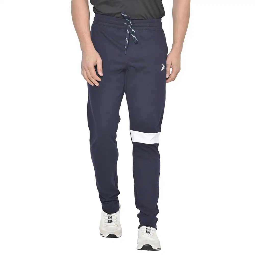 Fitinc White Striped Cotton Trackpant with Both Side Zipper,  Navy Blue  Medium