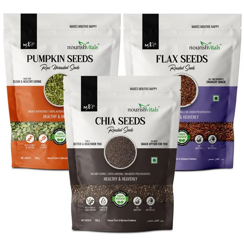 NourishVitals Combo, Pumpkin Raw Unroasted Seeds + Chia Roasted Seeds + Flax Roasted Seeds