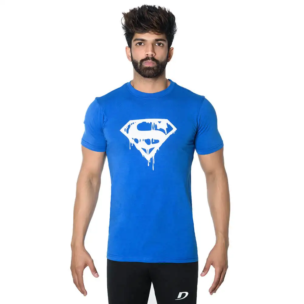 DK Active Wear Half Sleeve Gym T Shirt (Superman),  Royal Blue and White  Medium