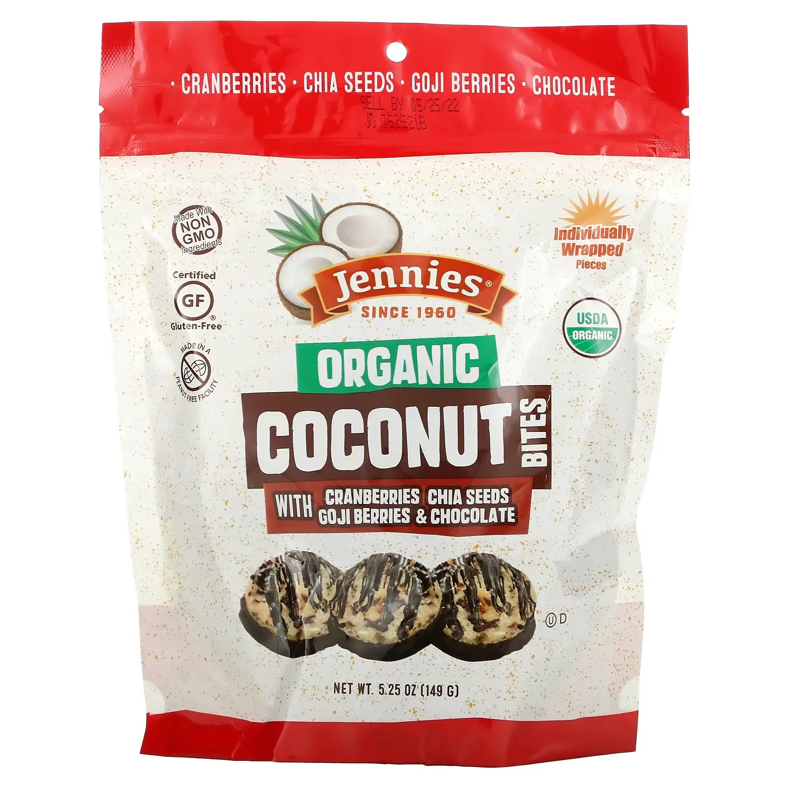 Organic Coconut Bites, with Cranberries, Chia Seeds, Goji Berries & Chocolate, 5.25 oz (149 g)