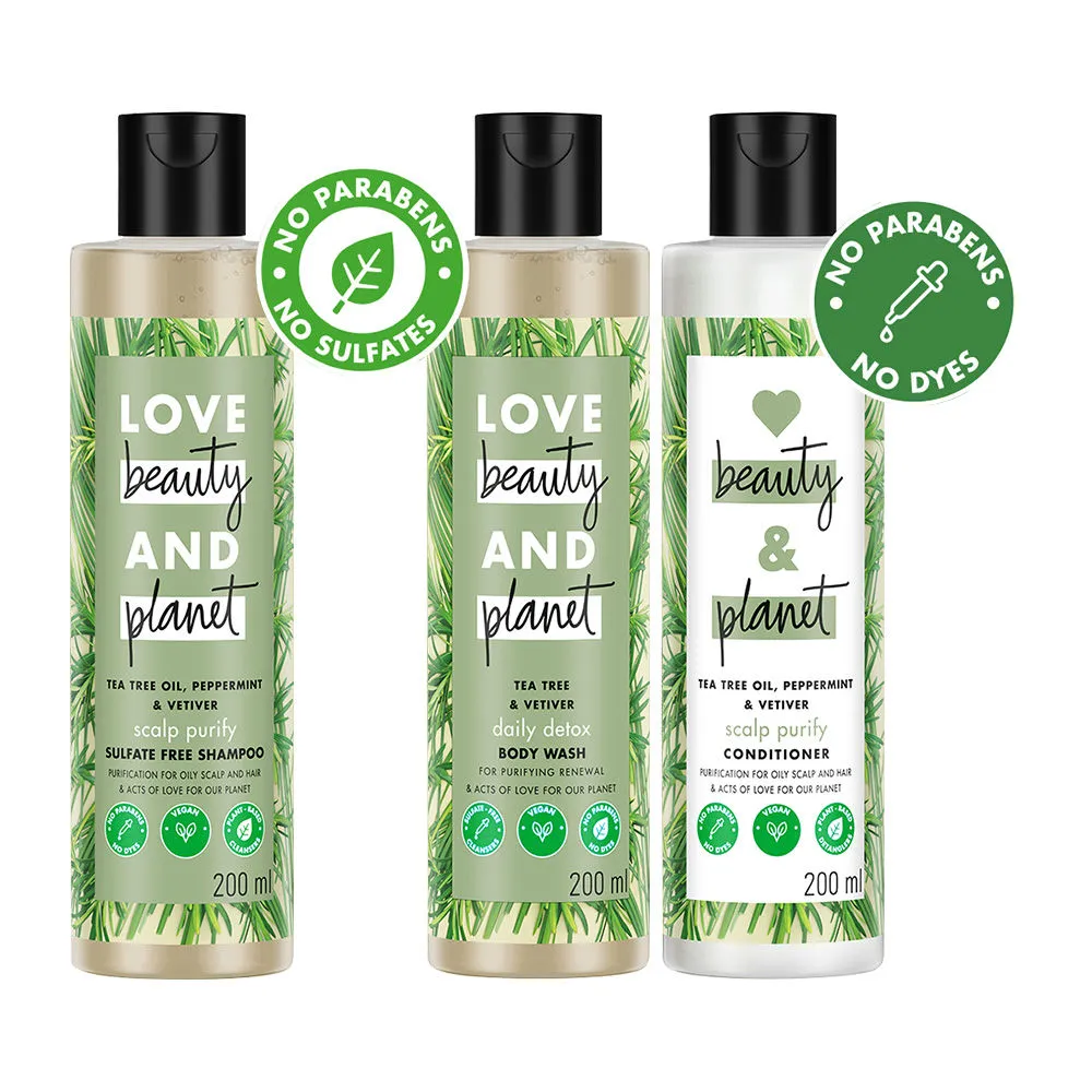 Love Beauty & Planet Tea Tree, Peppermint & Vetiver Sulfate Free Shampoo + Conditioner + Body Wash