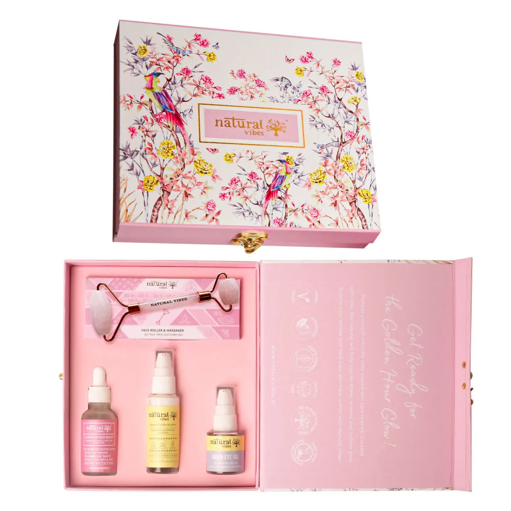 Natural Vibes Glow Getter Gift Set - Rose Quartz Face Roller, Sunscreen, Glow & Under Eye Serum