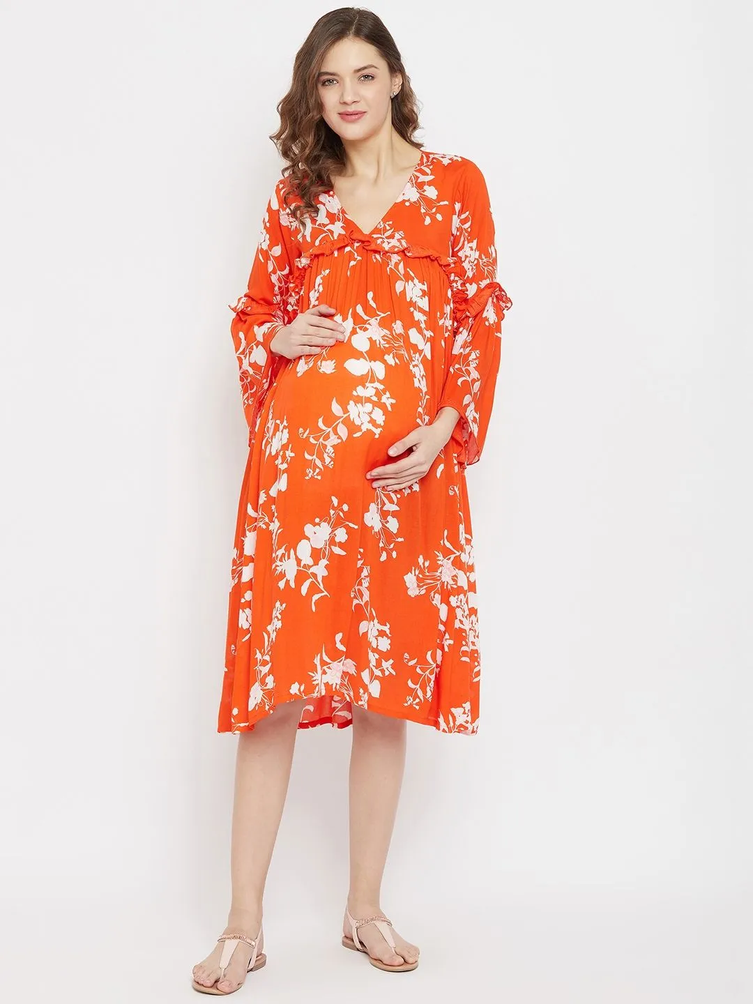 The Kaftan Company Blossom Rayon Maternity And Feeding Dress With Gather And Ruffles - Orange