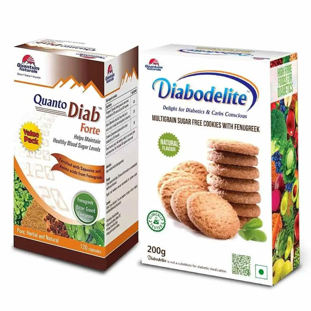 Quantum Naturals Quanto Diab Forte 120 Capsules + Diabodelite Natural Flavour Cookies Combo,  2 Piece(s)/Pack