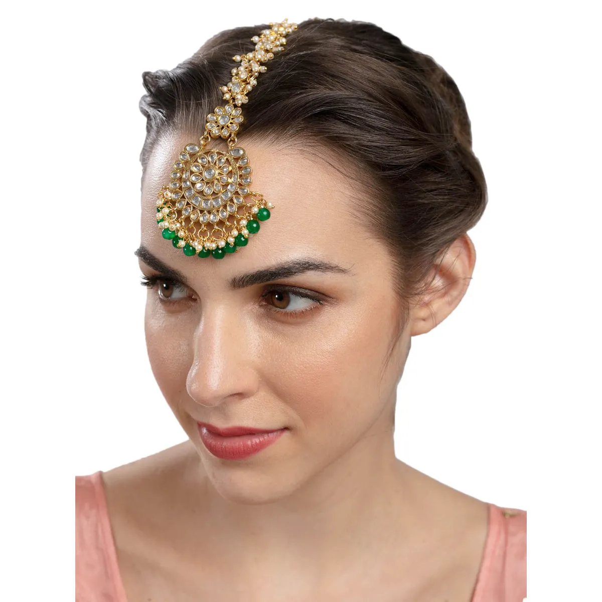 Zaveri Pearls Kundan & Green Beads Wedding Collection Maang Tikka - ZPFK9454