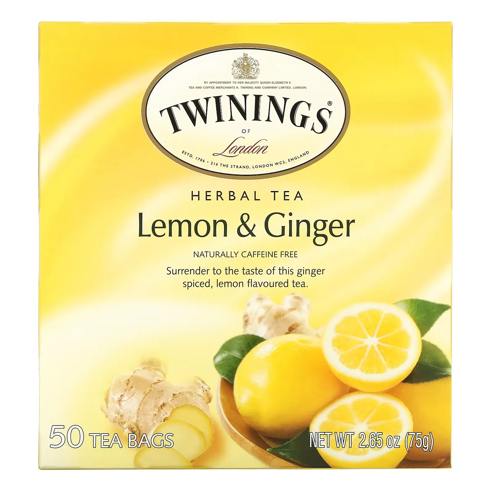 Herbal Tea, Lemon & Ginger, Caffeine Free, 50 Tea Bags, 2.65 oz (75 g)