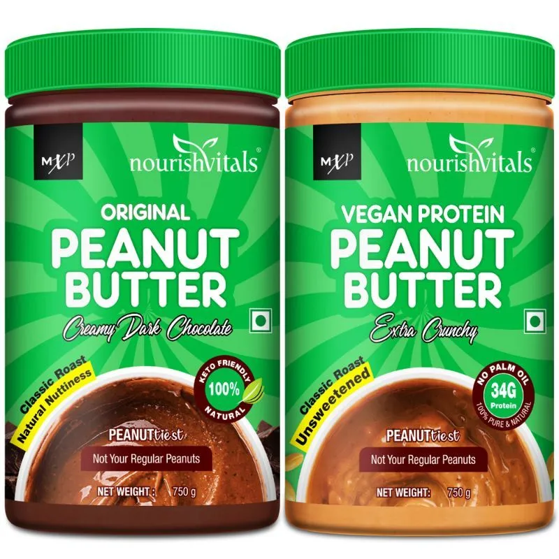 NourishVitals Original Peanut Butter (Creamy Dark Chocolate) + Vegan Protein (Extra Crunchy)