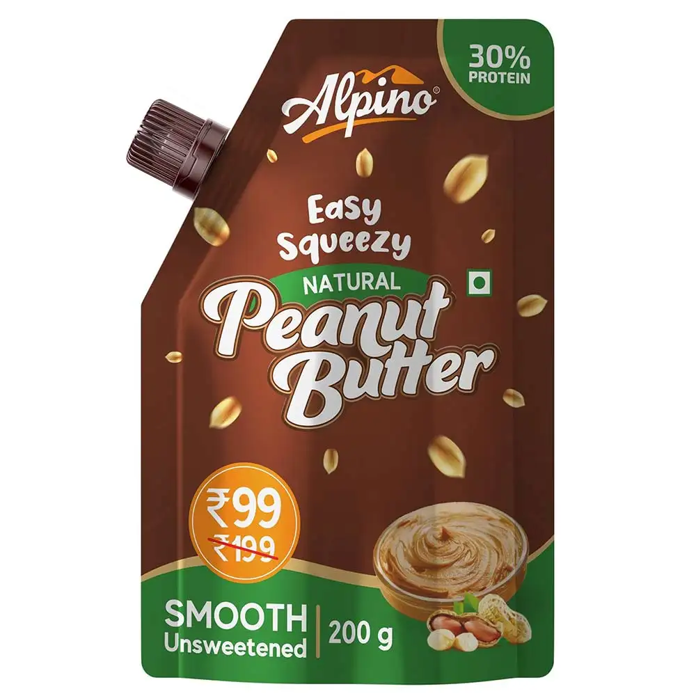 Alpino Easy Squeezy Peanut Butter,  200 g  Smooth Unsweetened Natural