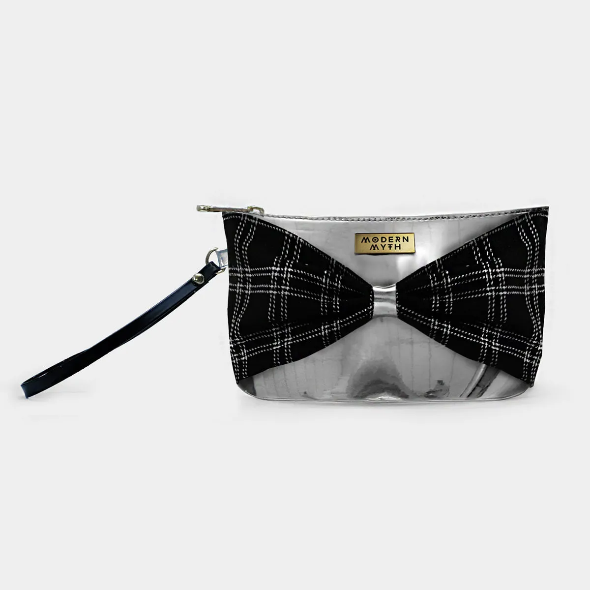 Modern Myth Bow Checks Silver Black Cosmetics Makeup Pouch