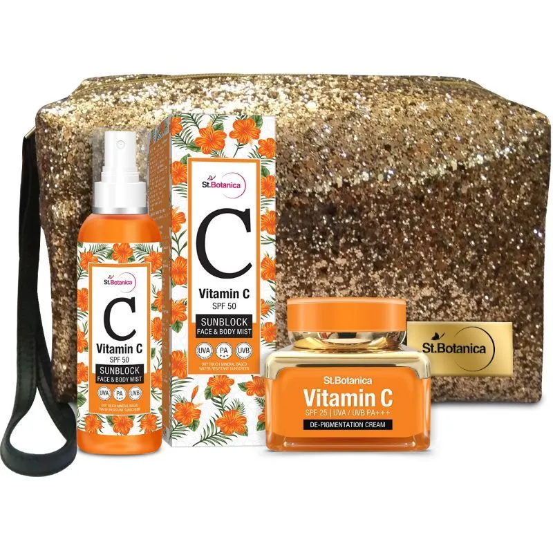 St.Botanica Vitamin C Combo With DePigmentation Cream + SPF 50 Sunblock Face & Body Mist Sunscreen & Pouch