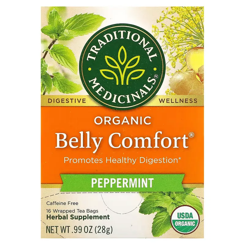 Organic Belly Comfort, Peppermint, Caffeine Free, 16 Wrapped Tea Bags, 0.06 oz (1.75 g) Each