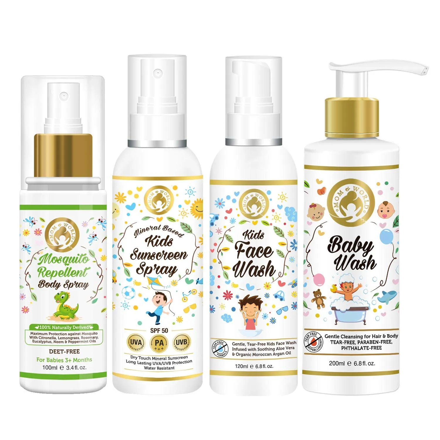 Mom & World Kids Care - Body Spray + Kids Sunscreen + Kids Face Wash + Baby Wash