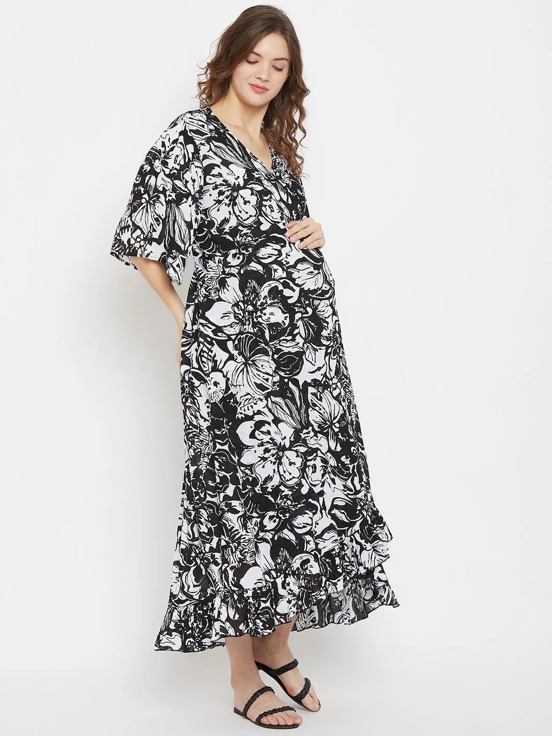 The Kaftan Company Printed Viscose Maternity Wrap Dress With Ruffles - Multi-Color (3XL)