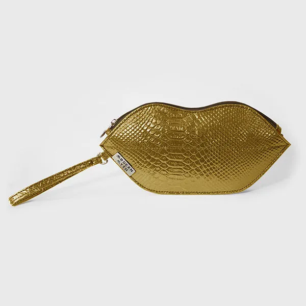 Modern Myth Textured Golden Lips Shaped Metallic Makeup Pouch