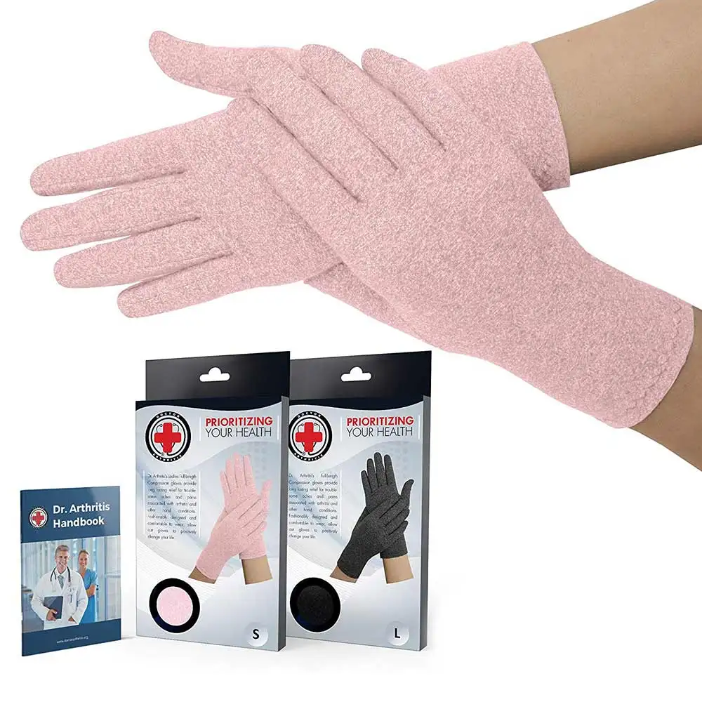 Dr. Arthritis Developed Full Fingered Compression Gloves,  Pink with Hand Book (Pair)  Medium