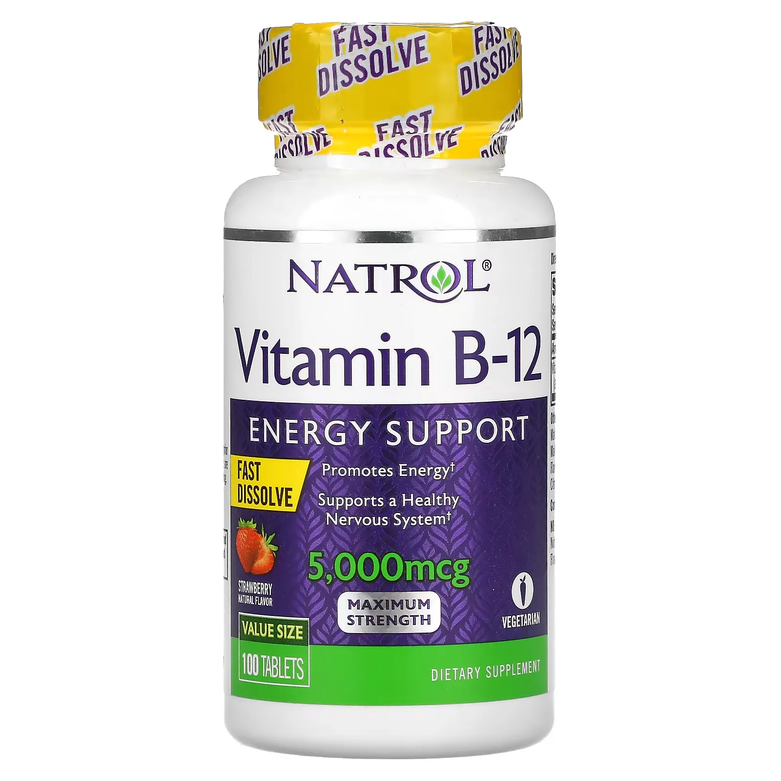 Vitamin B-12, Fast Dissolve, Maximum Strength, Strawberry, 5,000 mcg, 100 Tablets