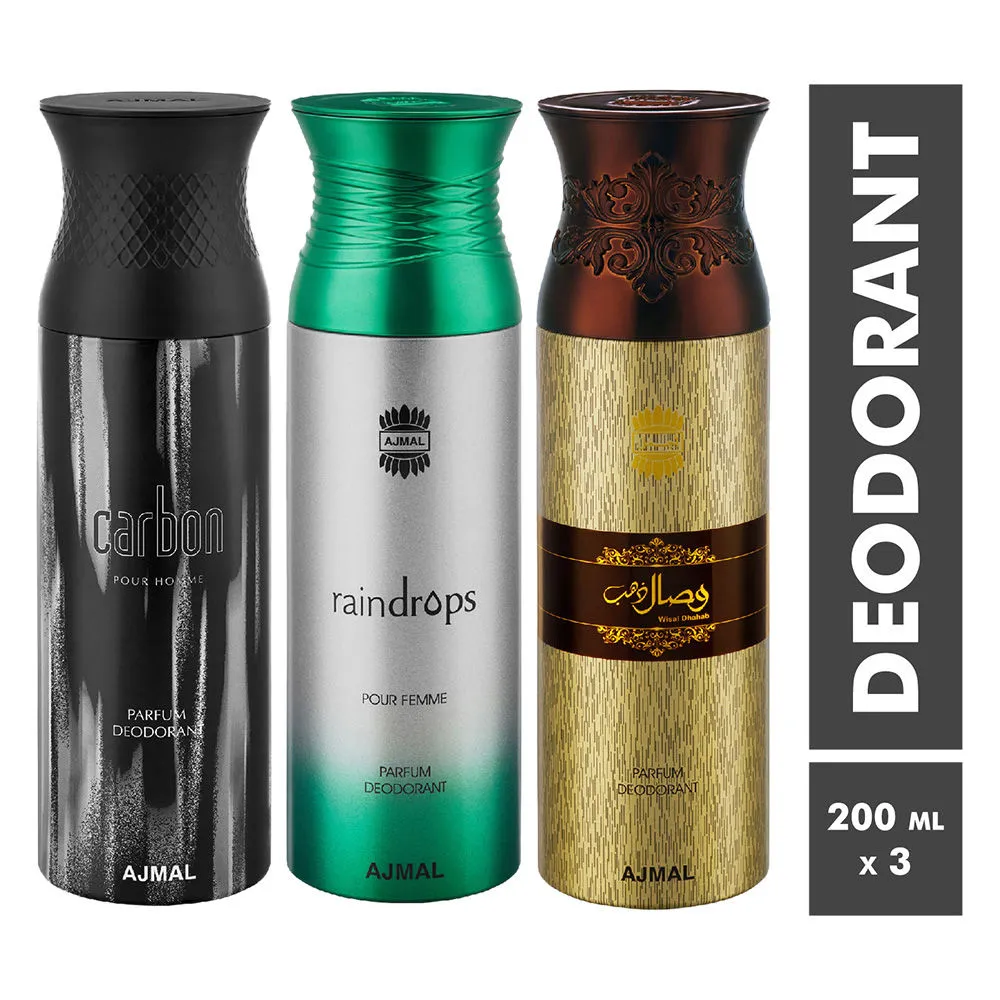 Ajmal Carbon, Raindrops & Wisal Dhahab Parfum Deodorant For Men and Women - Pack Of 3