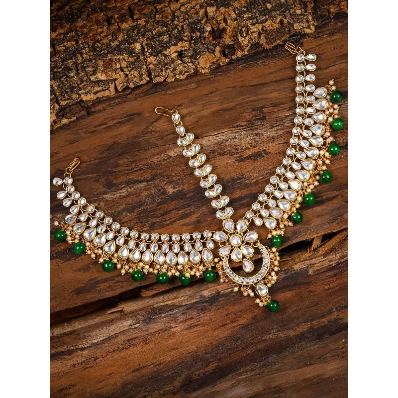 Zaveri Pearls Kundan & Green Beads Bridal Matha Patti Style Maang Tikka - ZPFK8806