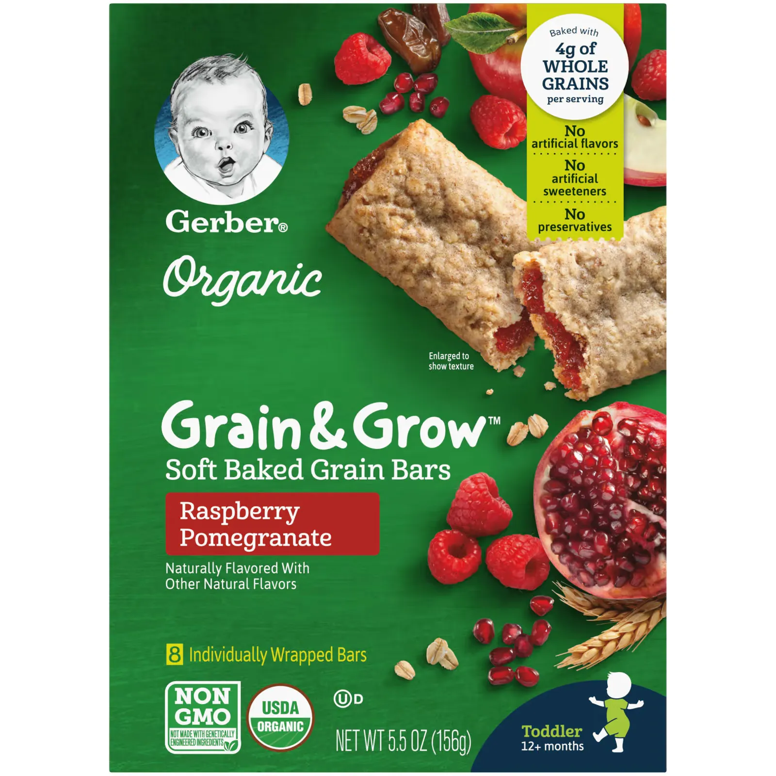 Organic, Grain & Grow, Soft Baked Grain Bars, 12+ Months, Raspberry Pomegranate, 8 Individually Wrapped Bars, 0.68 oz (19 g) Each