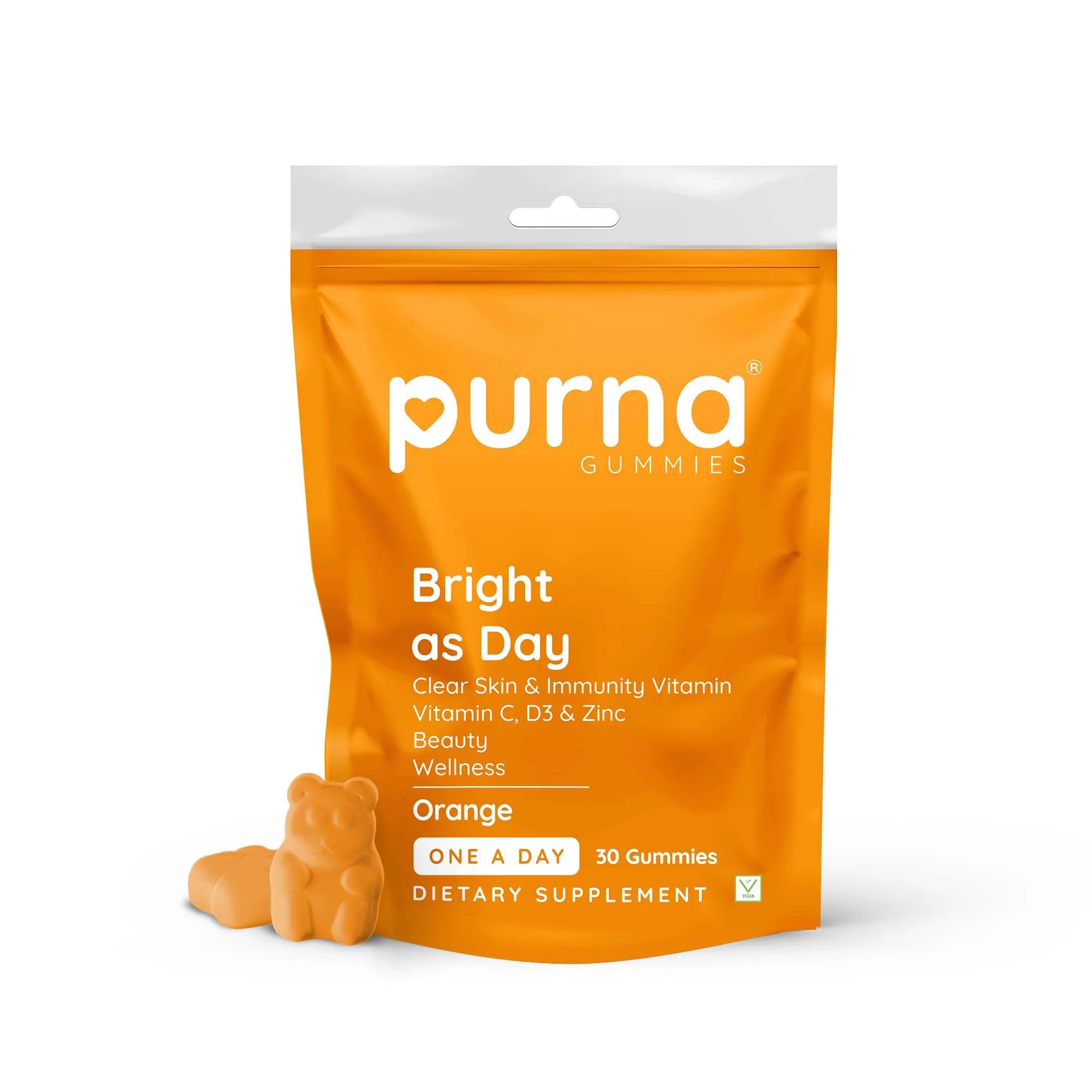 Purna Gummies Vitamin C Orange Gummies with Vitamin D3, and Zinc for Immunity & Clear Skin, 30 Day Pack