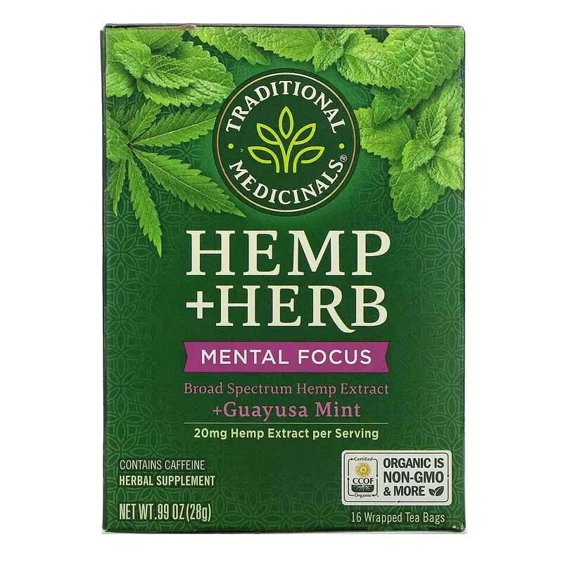 Hemp+ Herb, Mental Focus, +Guayusa Mint, 16 Wrapped Tea Bags, .99 oz (28 g)