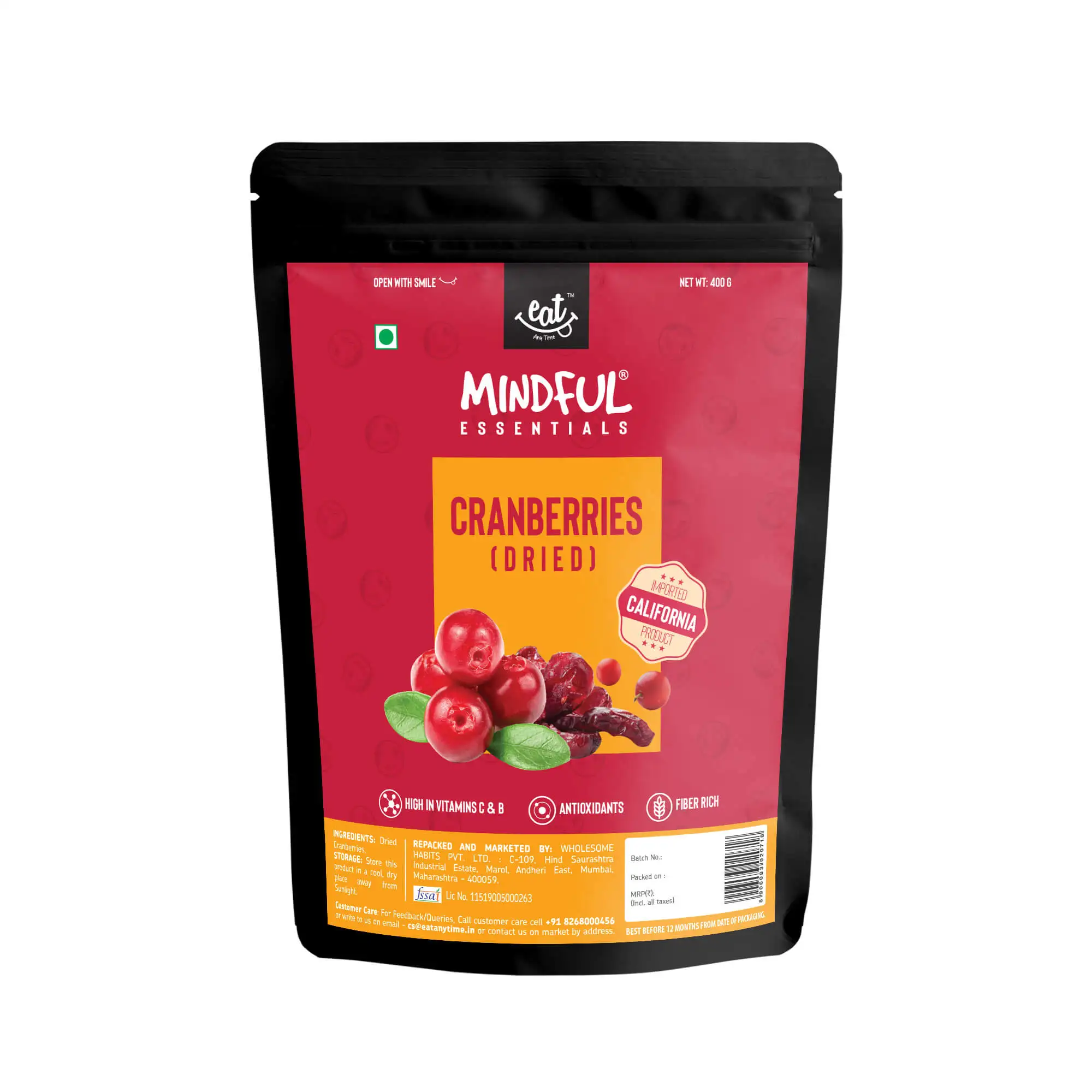 Eat Anytime Mindful Dried Californian Cranberries,  0.400 kg